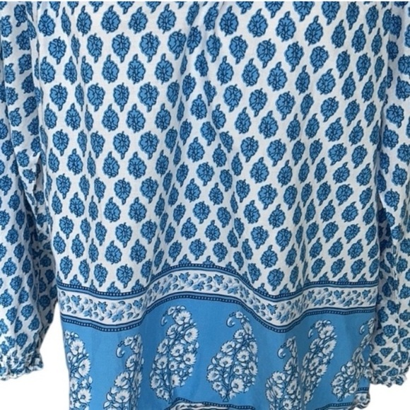 J Crew Blue and White Block Floral Paisley Print Boho Popover Cotton Top - Picture 12 of 12